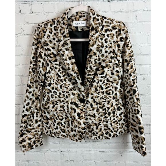 CALVIN KLEIN beige black animal leopard classic career blazer jacket 8P NWOT - Picture 1 of 9